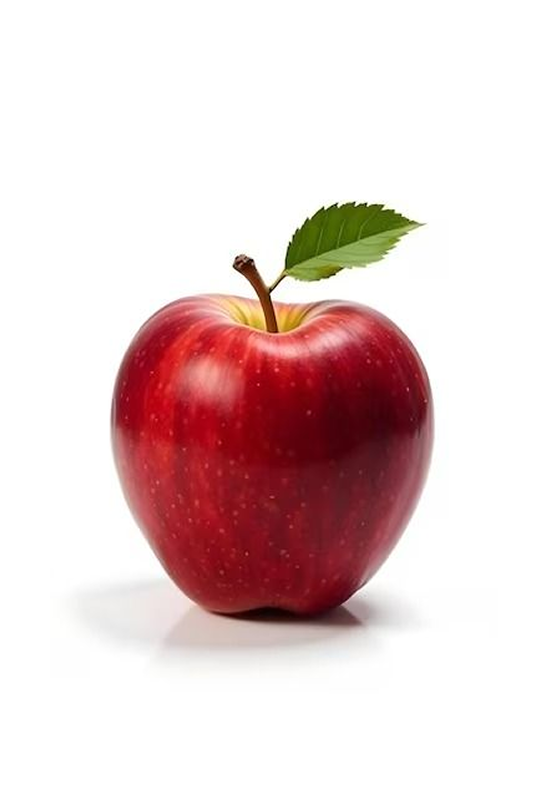 A single red apple with a leaf